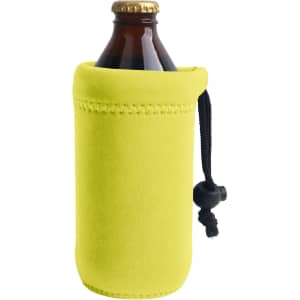 A drink bottle holder in bright yellow, featuring a secure fit and drawstring closure. It has a logo on the side.