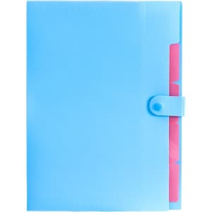 A4 expandable file folder in light blue, featuring a secure button closure and pink inner tabs.