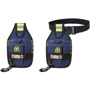 A blue portable tool waist pouch with reflective stripes, featuring pockets and a belt attachment. It has a logo.