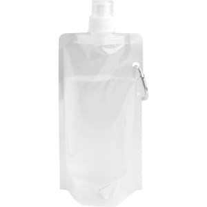 A drink bottle in clear, collapsible pouch shape with a screw top and a carabiner clip.