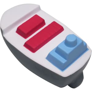 A container ship-shaped stress reliever in grey, white, blue, and red colours, featuring a logo on its side.