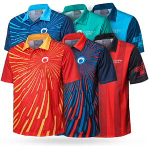 A collection of six vibrant polo shirts in red, blue, yellow, and teal, featuring various designs and a logo.