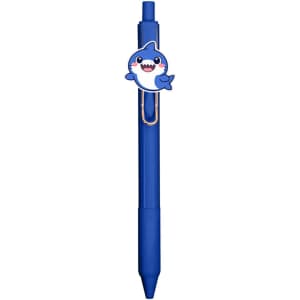 A blue acrylic pen featuring a clip with a shark design and a gold-tone clip.