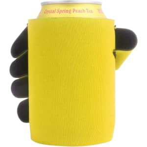 A yellow stubby holder shaped like a hand, designed to fit around a drink can. It has a logo on it.
