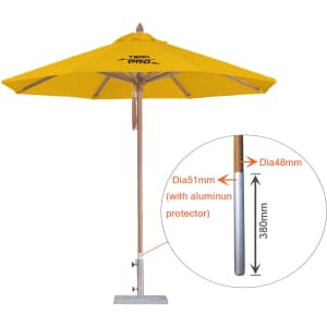 A yellow wind-resistant square outdoor umbrella with a wooden pole and a circular base, featuring a logo.