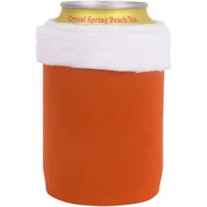 A drink bottle cooler in bright orange with a white fluffy top, featuring a logo on the can.