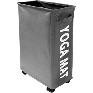 A grey laundry basket with wheels, featuring a handle and a logo on the side.