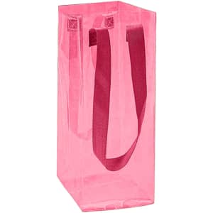 A pink clear jelly wine ice bag with red handles, featuring a simple design and a logo on the front.