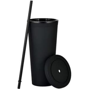 A drink cup in matte black with a lid and straw, designed for beverages. Features a simple design with branding.
