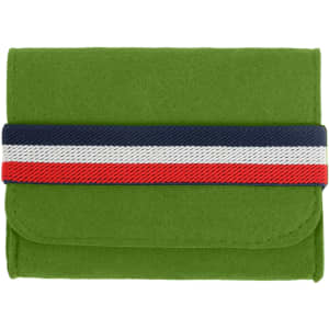 A green felt travel organizer with a striped fabric band in navy, red, and white across the front. It has a logo.