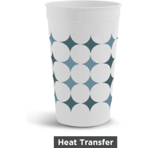 A plastic stadium cup in white featuring a blue geometric design and a logo.