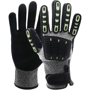 Heavy duty safety work gloves in black and grey, featuring a wrist lock and palm guard with green accents.