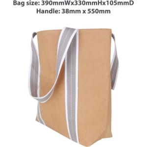 A small washable kraft paper bag in brown with grey cotton handles, featuring a logo. Dimensions: 390x330x105mm.