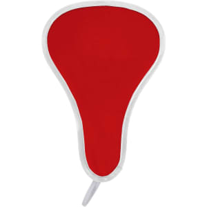A red foldable event fan with a white trim and a handle. It features a logo or branding.