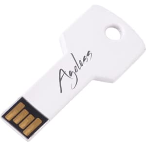 A white key-shaped flash drive with a gold USB connector, featuring a logo on its surface.