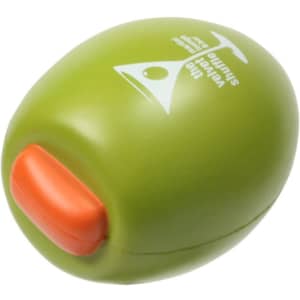 An olive-shaped stress reliever in green with an orange button. Features a logo on the surface.