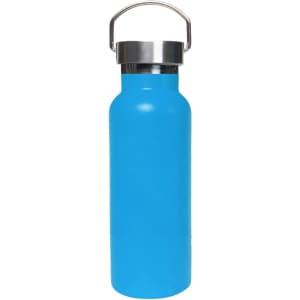 A drink bottle in bright blue, featuring a stainless steel lid and a built-in handle.