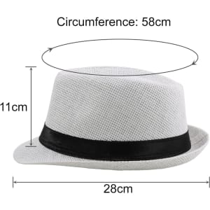 A white straw hat with a black band, featuring dimensions of 58cm circumference and 11cm height.