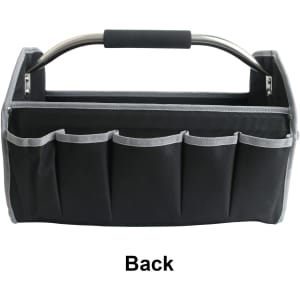 A black tool carrier bag with multiple pockets and a metal handle. The back view displays its organisational features.