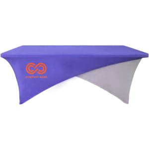 A purple and grey stretch table cloth designed for an 8ft table, featuring a logo on one side.