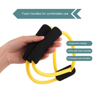 A Figure 8 resistance band with black foam handles and yellow elastic bands, featuring an ergonomic design.