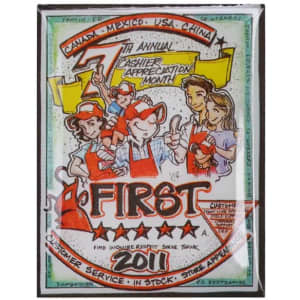 A colourful promotional printed pin featuring a cartoon design with multiple characters, framed in a decorative border.