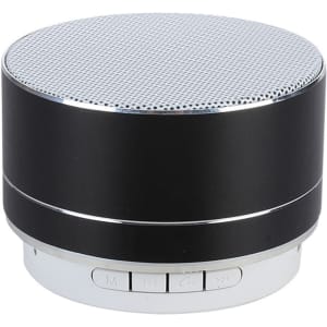 A black and silver metal Bluetooth speaker with a mesh top and control buttons at the base.