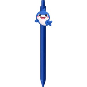 A blue PVC pen featuring a cheerful shark design on the top, with a clip for easy attachment.