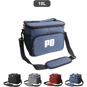 A blue cooler bag with a shoulder strap and a front pocket, featuring a logo and available in multiple colours.