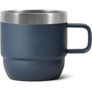 A stackable stainless steel mug in navy blue with a silver rim and a side handle. It has a sleek, modern design.