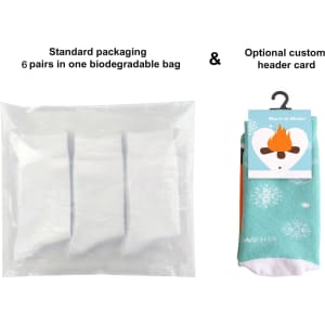 A pack of socks in a biodegradable bag, featuring six pairs with a custom patterned design in various colours.