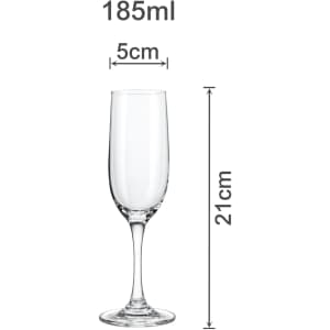 A clear, classic wine glass with a capacity of 185ml, measuring 21cm in height and 5cm in width.