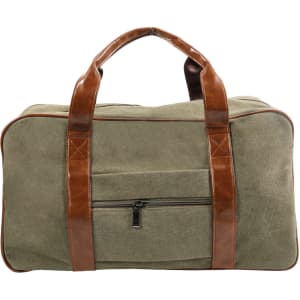 A vintage canvas duffle bag in olive green with brown leather handles and a zippered front pocket.
