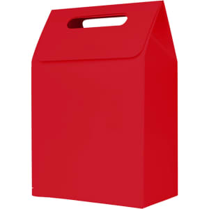 A red die cut handle bag, featuring a rectangular shape and a top flap with a handle, perfect for carrying items.