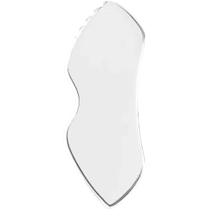 A translucent, clear Gua Sha board with a curved shape, featuring a smooth surface and a slight grip edge.