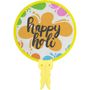 A round, yellow foldable fan with a vibrant design featuring flowers and the text "happy holi."