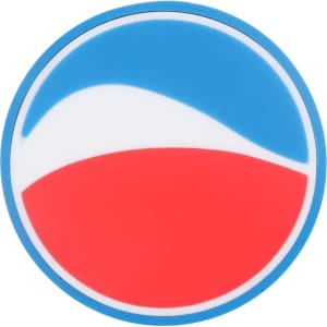 A circular promotional item featuring blue and red sections, with a stylised wave design and a logo.