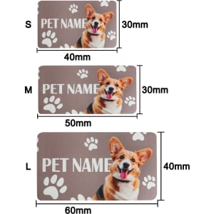 A pet feeding mat in brown featuring a dog design and paw prints, available in three sizes: S, M, and L.