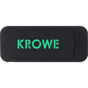 A black tablet webcam cover with a green logo. It features a sliding mechanism for privacy.