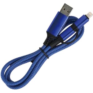 A blue, braided charging cable featuring a USB connector and a Lightning connector. It includes a logo.