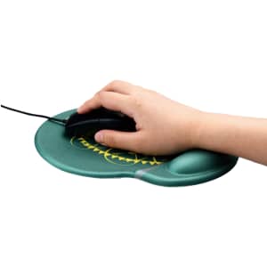 A green gel mouse pad with a hand holding a black mouse, featuring a rounded design and a logo.