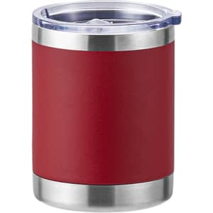 A drink bottle with a maroon body and stainless steel base, featuring a clear lid, and a logo on the side.