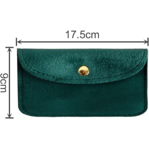 A green velvet glasses pouch with a gold snap closure, featuring dimensions of 17.5 cm by 9 cm.