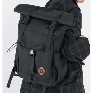 A black polyurethane roll top backpack with adjustable straps and a logo on the front.