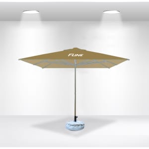 A large, beige market umbrella with a sturdy base, featuring a logo on the canopy.