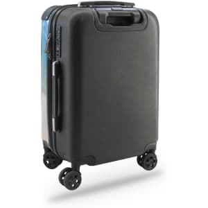 A custom insert suitcase in black with a sleek design and four wheels for easy mobility. Features a logo.