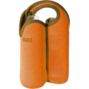 A drink bottle cooler in bright orange with a snap handle, designed to hold two bottles, featuring a logo.