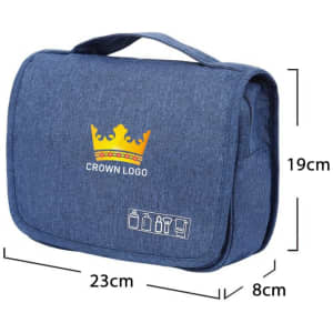 A blue travel hanging toiletry bag with a handle and a logo, featuring a compact design and multiple storage sections.