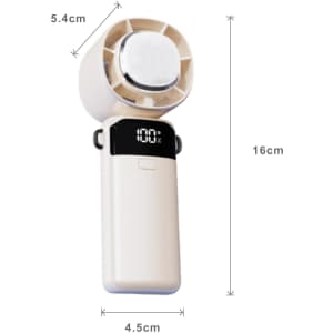 A portable cooling fan in cream colour, featuring a phone stand and a digital display for battery level.