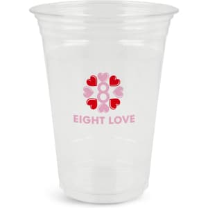 A clear plastic cup with a logo featuring hearts and the text 'EIGHT LOVE'. Suitable for various beverages.